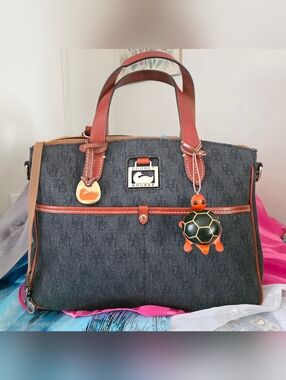 Dooney & Bourke Dark Denim Tote with Brown Leather Trim